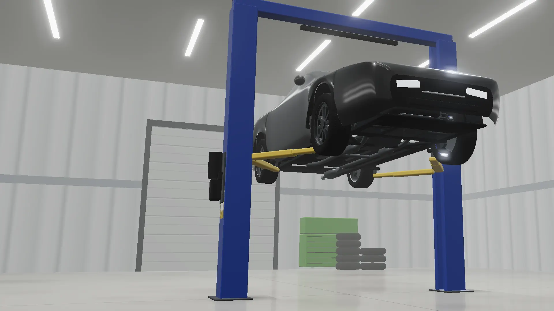 Illustration: the fastback raised on the blue two-post lift, seen from below the nose
