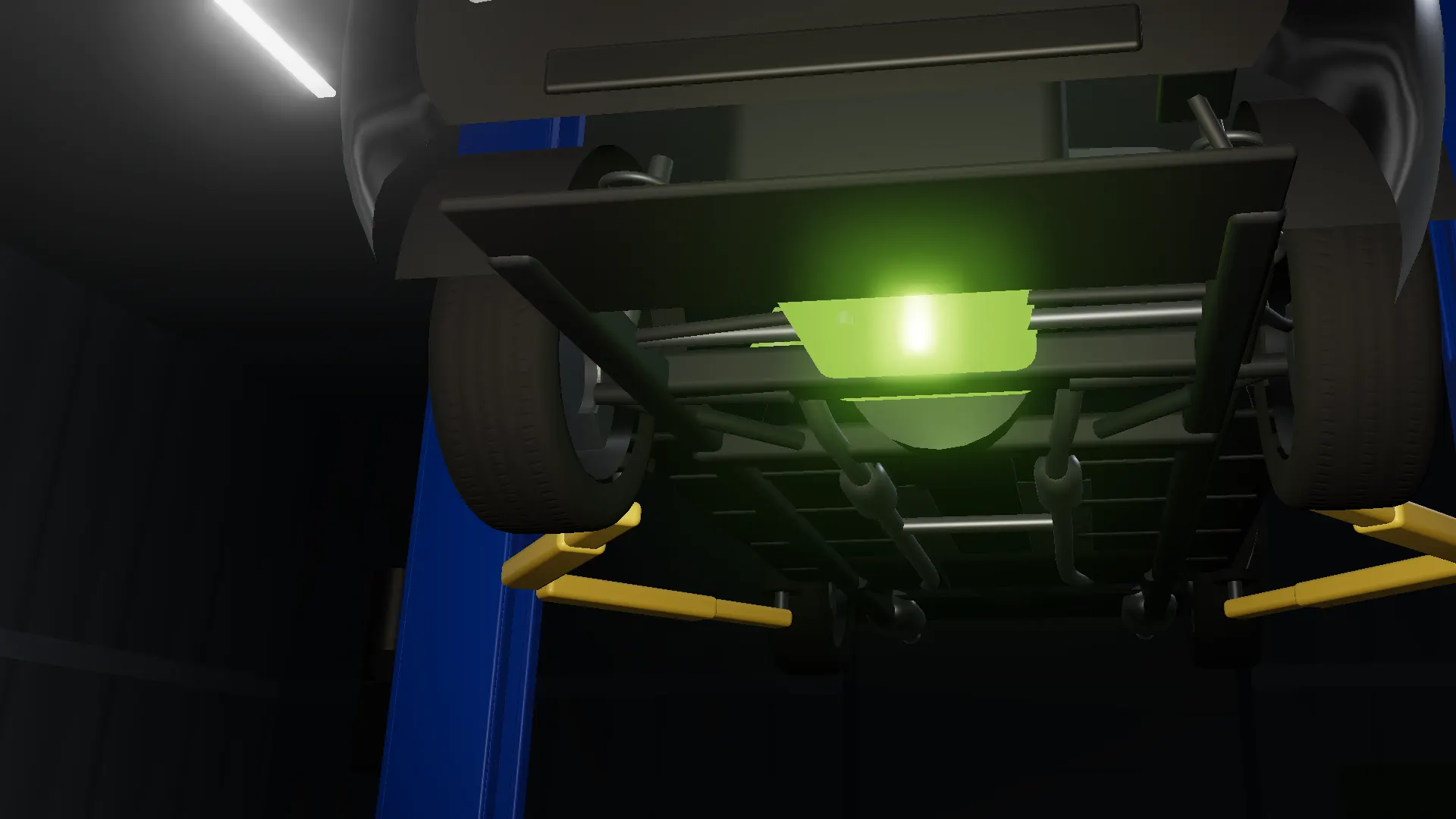 Illustration: under the front of the car, the oil pan, drain plug and filter lit in lime