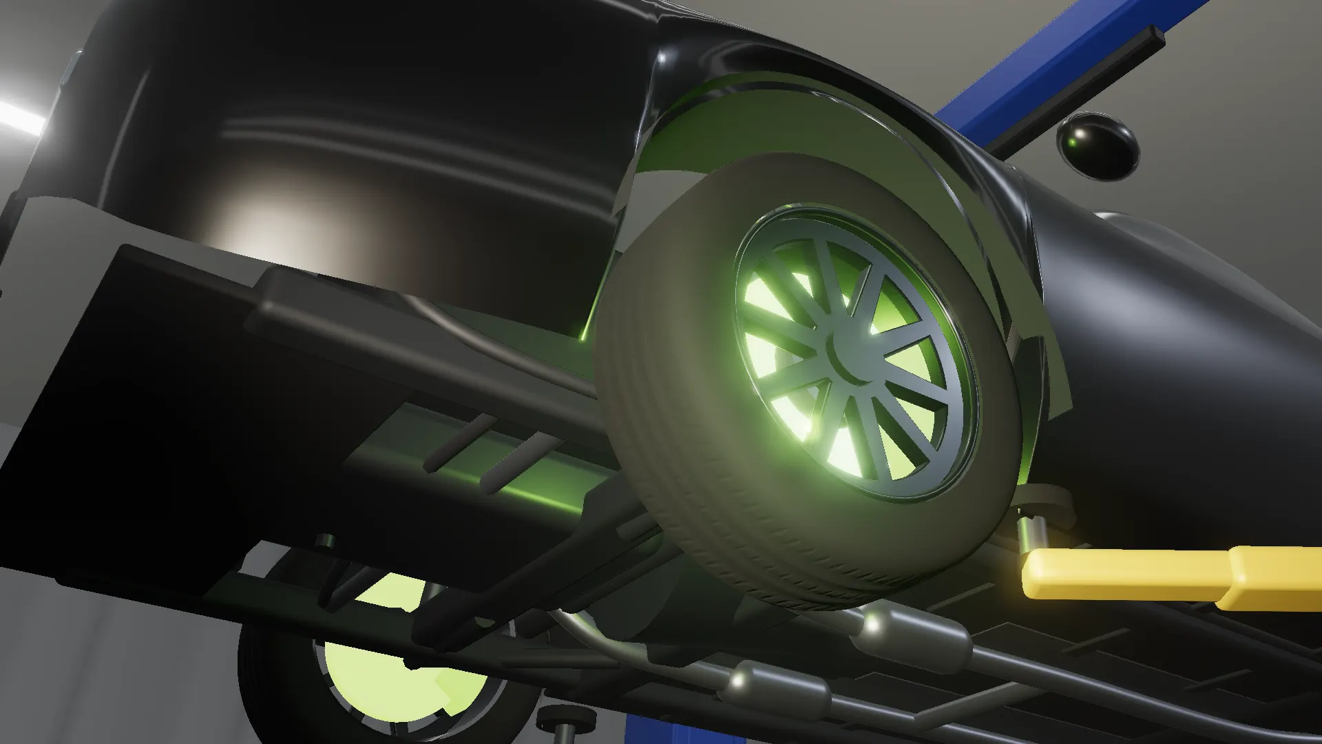 Illustration: the front wheel, the brake rotor and caliper glowing lime through the spokes