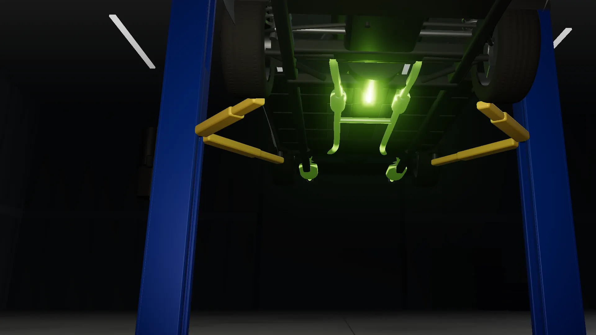 Illustration: under the chassis, light running along the dual exhaust towards the mufflers