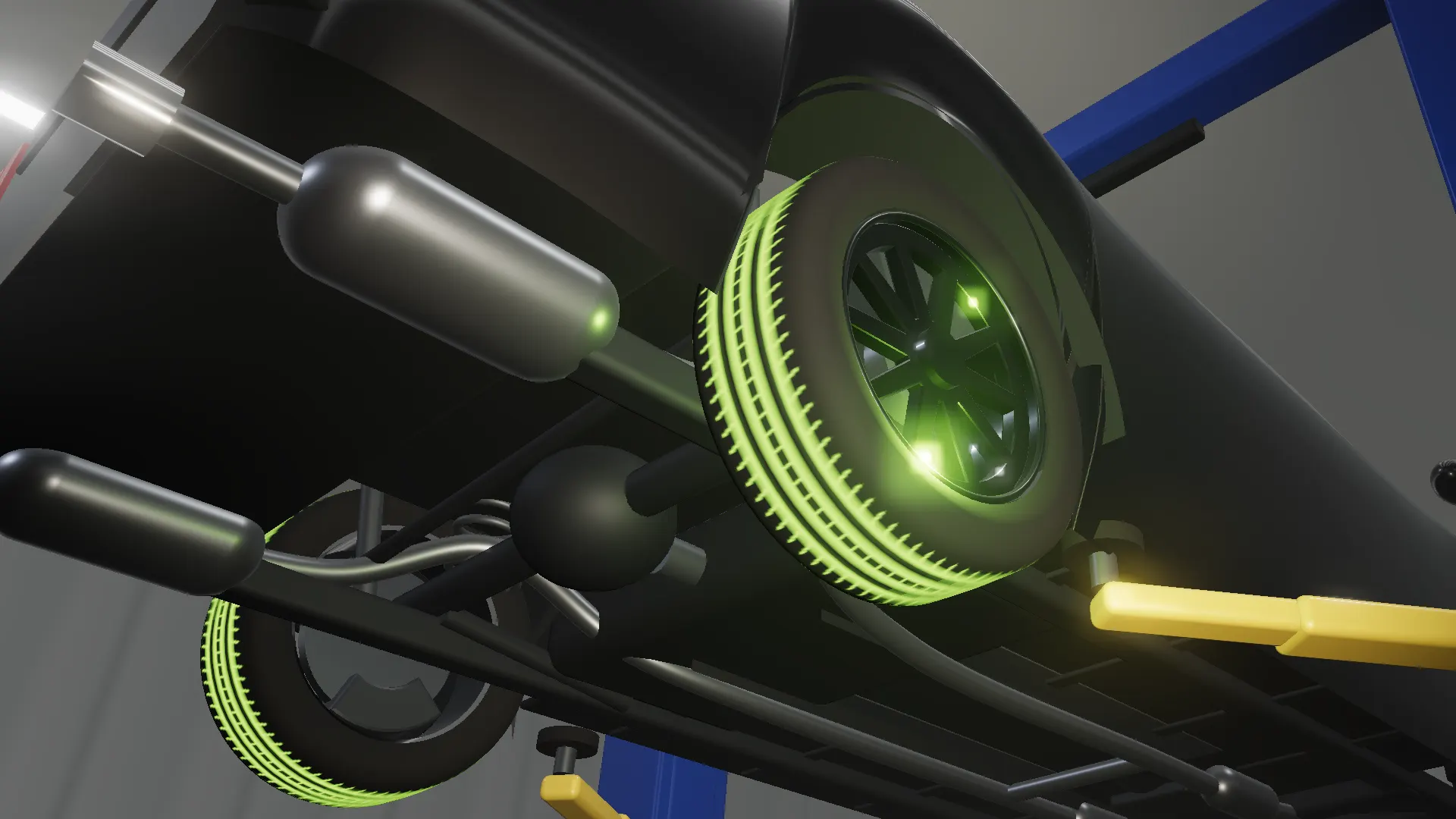 Illustration: the rear wheel on the lift, its tread lit in lime