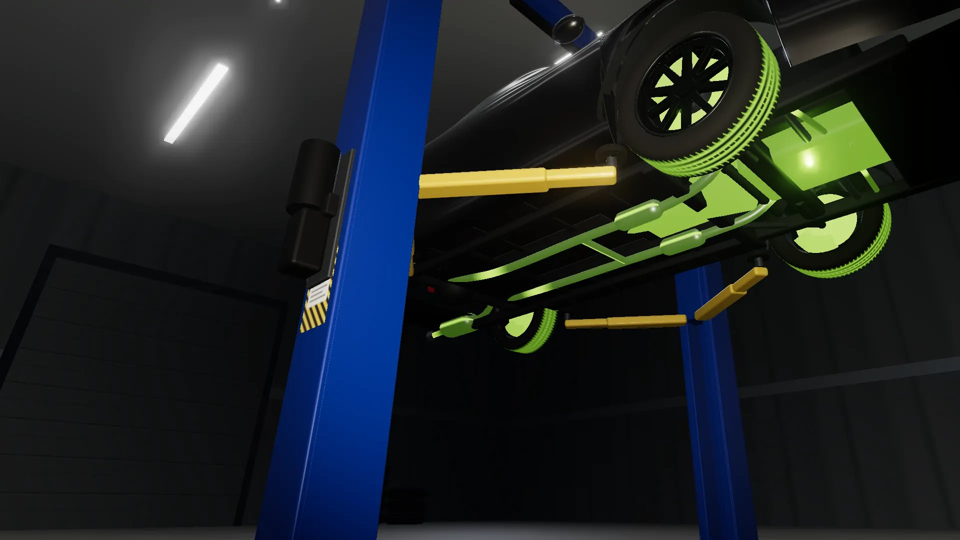 Illustration: the underside of the car on the lift with every system lit