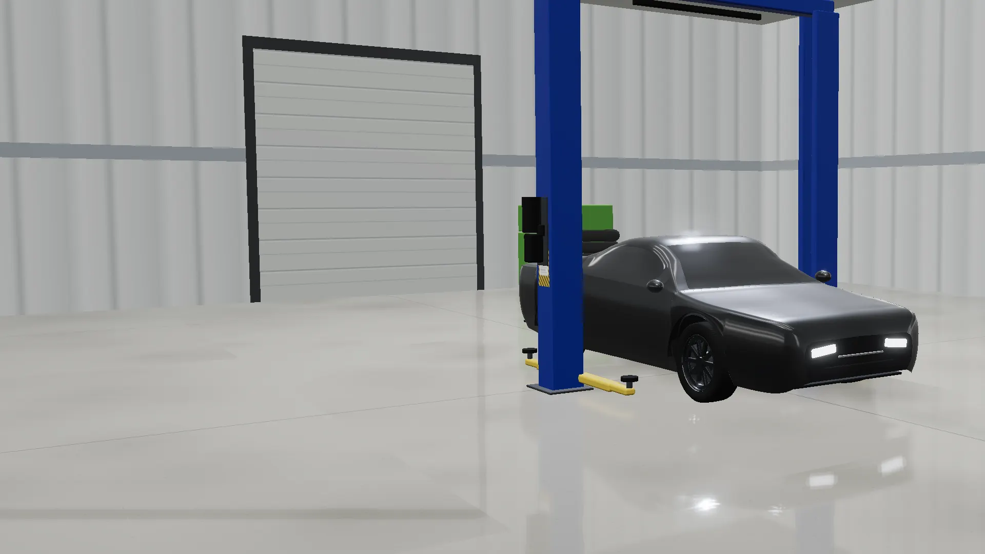 Illustration: the shop, the car between the lift posts and the lime tool chest by the wall